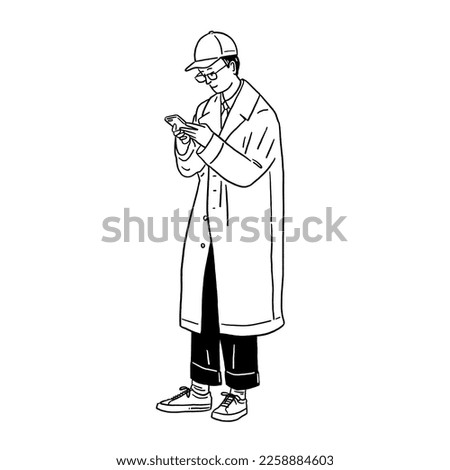 Man chat on mobile phone Casual style City people Hand drawn Line art Illustration	