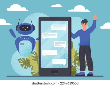 Man with chatbot. Modern technologies and digital world, gadgets and devices. Guy with smartphone. Poster or banner for website. Feedback and answers to question. Cartoon flat vector illustration