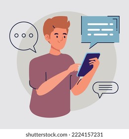 man chating with smartphone character