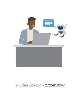 Man chatting with AI chatbot on a laptop. User conversation with a virtual assistant bot for customer support. Online help service with a friendly robot. Artificial intelligence concept. 