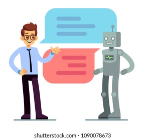 Man chatting and asking for help bot. Chatbot vector concept. Chat bot web online service, robot support chatting illustration