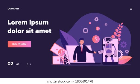 Man chatting with bot. Happy person and robot shaking hands, gadget screens, deal flat vector illustration. Communication, customer support concept for banner, website design or landing web page