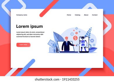 Man chatting with bot. Happy person and robot shaking hands, gadget screens, deal flat vector illustration. Communication, customer support concept for banner, website design or landing web page