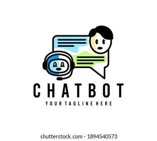 Hombre charlando con un bot de chat, un bot de chat, charlando con un bot de chat, diseño de logotipo. Servicio de soporte, servicio de ayuda, inteligencia artificial o soporte de IA y al cliente, diseño vectorial e ilustración