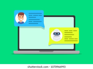 Man chatting with chat bot on laptop. asking question, getting solution. Concept illustration. Vector colorful cartoon design