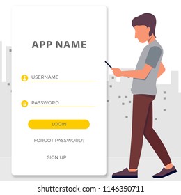 Man chatting with chat bot on smartphone vector illustration. Communication with chat bot use smartphone, message for chat bot