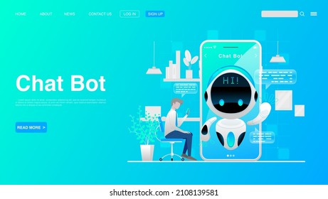 Man Chatting With Chat Bot On Smartphone. Chat Bot Technology and Online Help Center Concept. Vector EPS 10