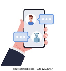 Man chatting with chat bot on smartphone. Vector illustration.