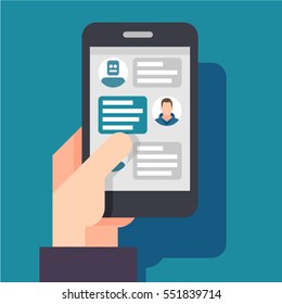 Man chatting with chat bot on smartphone vector illustration. Communication with chat bot use smartphone, message for chat bot