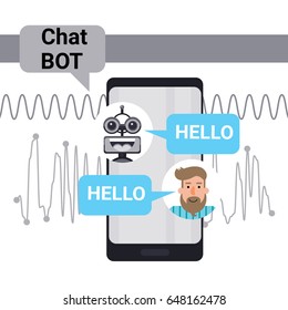 Man Chatting With Chat Bot On Cell Smart Phone, Robot Virtual Assistance Element Of Website Or Mobile Applications, Vector Illustration