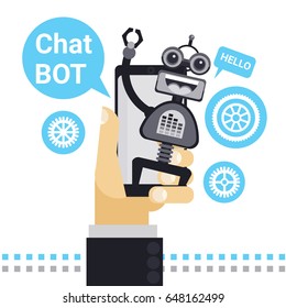 Hombre Charlando Con Un Bot De Chat En Teléfono Inteligente Celular, Elemento Robot Virtual Assistance De Sitio Web O Ilustración De Vectores De Aplicaciones Móviles