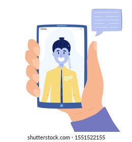 Man chatting with chatbot on mobile phone concept. Human conversation with virtual robot on smartphone. Vector illustration