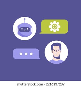 Hombre charlando con un lindo robot sonriente. Concepto de bot de chat. Diálogo con bot. Ayuda de servicio al cliente. Ilustración vectorial plana simple