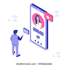 Man chatting with a girl in a dating app. 3d character with smartphone. Online dating concept. Vector illustration in isometric style. Isolated on the white background