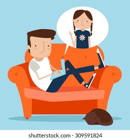 Man chatting with girl while resting at home on sofa