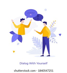 Man chatting with himself or his twin. Concept of dialog or conversation with yourself, inner voice or speech, self talk, internal discourse. Modern flat colorful vector illustration for banner.