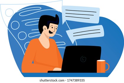 El hombre está charlando en una laptop con una taza de té