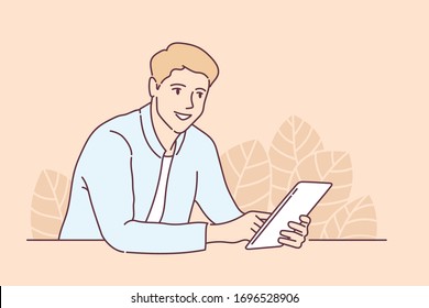 Man chatting, messaging using chat app or social network on Tablet PC. Conversation sending messages. Modern communication concept. Flat hand drawn style vector illustration.