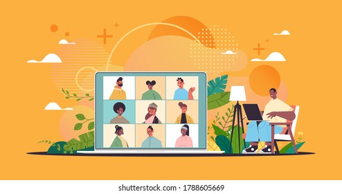 man chatting with mix race colleagues during video call online conference virtual meeting communication remote work concept horizontal full length vector illustration