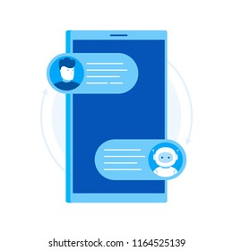 Man chatting on cellphone with chat bot robot. Chat messages chatbot notification on smartphone.Isolated on white background. Modern flat style vector illustration.