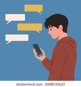 "Man chatting on smartphone" A man is focused on his phone screen while messaging, surrounded by floating chat bubbles.