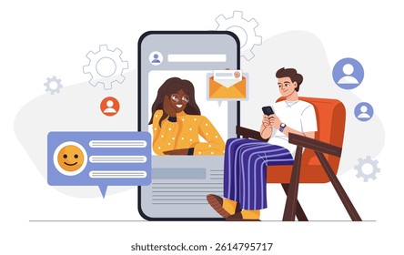 Man chatting on smartphone with woman shown on large phone screen, colorful flat style on white background, concept of digital conversation. Vector illustration