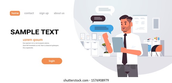 man chatting on tablet businessman using mobile app social network chat bubble communication concept modern office interior portrait horizontal copy space vector illustration