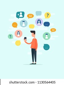 Man chatting online on his smartphone with different people. Concept of internet or social network communication. Flat design cartoon colorful vector illustration.