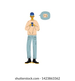 Man Chatting Online on His Smartphone, Internet Social Network Virtual Communication Vector Illustration