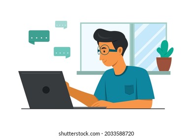 Man Chatting and Online Working with Laptop.