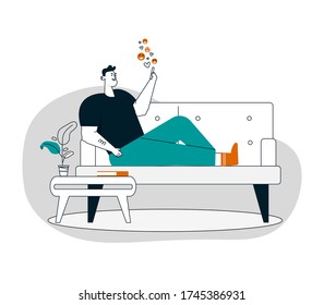 Man is chatting in smartphone. Young guy holding mobile phone, emoji communication, lies on couch, stays at home. Vector illustration of online communication technology, distance meeting on quarantine