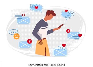 Man chatting social media in flat style. Smartphone addiction concept. Web talk bubble cloud around person. Online communication with phone. Internet messenger vector Isolated illustration