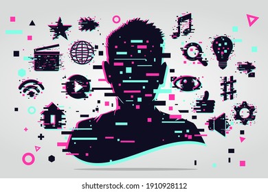 Man chatting. Social media people activity. Online communication vector illustration. Male live streaming.