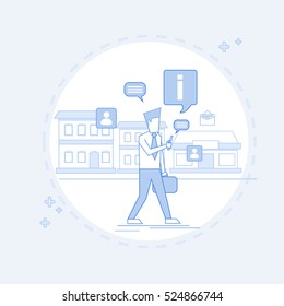 Hombre que charla los mensajes de texto de la calle que caminan, Ilustración vectorial fina de la línea de la comunicación de la red social