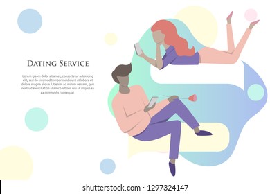 Man chatting with woman on the Internet on abstract background. Illustration of virtual relationship concept. Dating and messaging app. Online commutication. Dating service website on phone webbanner.