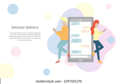 Man chatting with woman on the Internet on abstract background. Virtual relationship concept. Online dating and messaging app banner. Online commutication. Dating service website on phone.