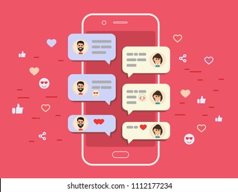 Man chatting with a woman on a smartphone vector illustration. Chatting on a smartphone. Icons: share like smile avatar message for chat