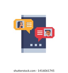 Man chatting with woman, sms bubbles on mobile phone screen, chat messages notification on smartphone isolated pixel art vector illustration, dialog message, chat concept. Design for website and app.