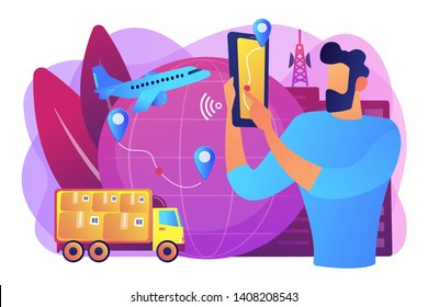 Man check Internet store shipment. Goods worldwide shipping. Smart delivery tracking, track your orders, delivery status online concept. Bright vibrant violet vector isolated illustration