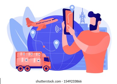 Man check Internet store shipment. Goods worldwide shipping. Smart delivery tracking, track your orders, delivery status online concept. Pinkish coral bluevector isolated illustration