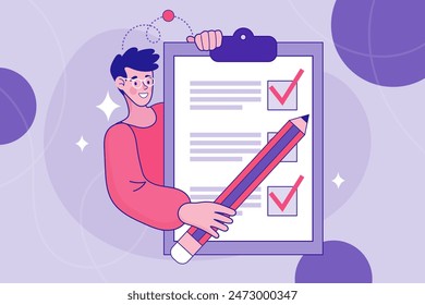 Man with check list. Man Fill Paper Form of Insurance Policy Document for Medical or Property Protection. Hands holding clipboard with checklist with red check marks and pencil. Flat vector.