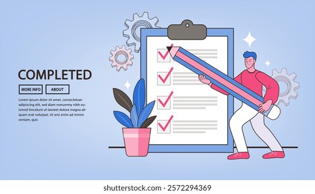 Man with check list. Man Fill Paper Form of Insurance Policy Document for Medical or Property Protection. Hands holding clipboard with checklist with red check marks and pencil. Flat vector.