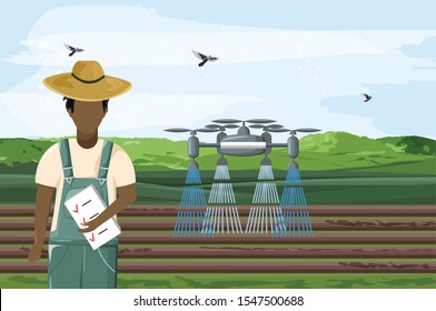 Man with check list in hands controlling a big drone that is watering the field. Birds flying in the sky. Future of agriculture idea. Technology vector