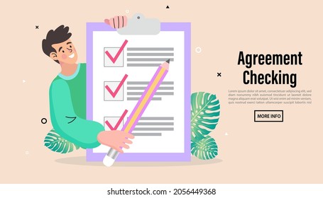 Man With Check List. Male Fill Paper Form Of Insurance Policy Document For Medical Or Property Protection. Hands Holding Clipboard With Checklist With Red Check Marks And Pencil. Flat Vector.