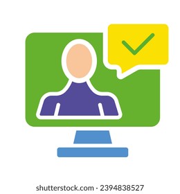Man with check mark in speech bubble. Approved, computer, agreement, agree, conference, communication, correspondence, business conversation, message, email, text. Colorful icon on white background - Shutterstock ID 2394838527
