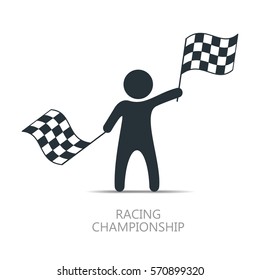 Man with checkered flag icon. Man holding flag. Vector isolated illustration.
