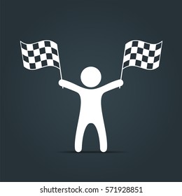 Man with checkered flag icon. Man holding flag. Vector isolated illustration.