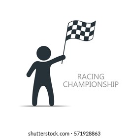 Man with checkered flag icon. Man holding flag. Vector isolated illustration.