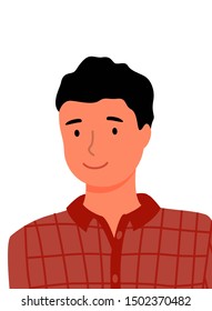 Man in checkered shirt face portrait closeup. Brunette guy, online assistant or worker isolated business consultant. Handsome guy on picture. Vector illustration in flat cartoon style