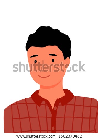 Man in checkered shirt face portrait closeup. Brunette guy, online assistant or worker isolated business consultant. Handsome guy on picture. Vector illustration in flat cartoon style